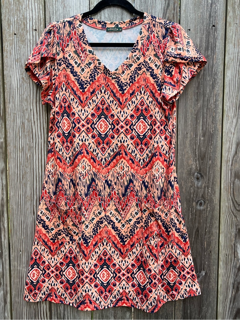 OFEEFAN Multicolor Short Split Sleeve V Neck with Pocket Dress Women’s Medium